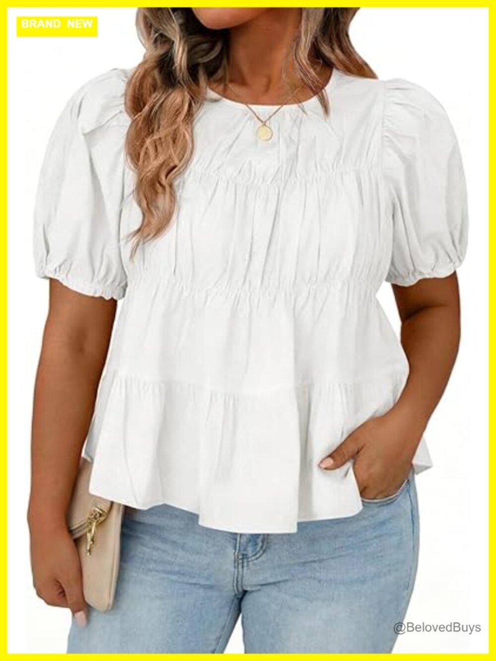 Plus Size Peplum Babydoll Top Flowy Puff Short Sleeve Cotton T-Shirt